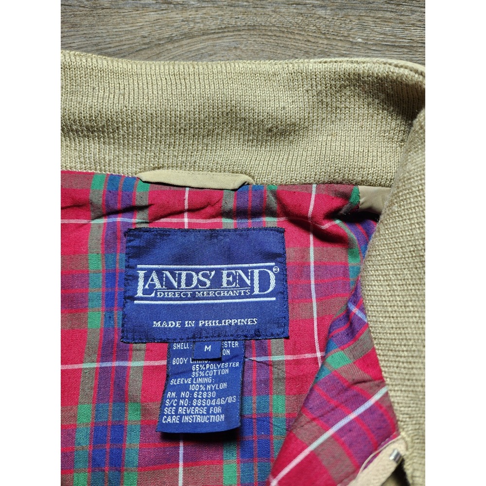 Vintage 90s Lands End Harrington Jacket Tan Khaki Plaid Lined Mens Medium M